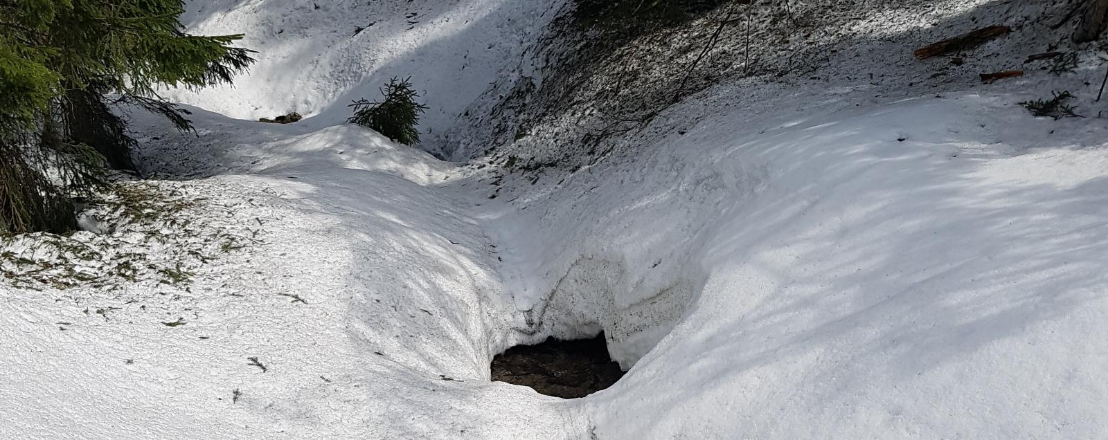 Hore pod Smrekovicou býva potok prikrytý snehovou perinou niekedy aj do mája (2019)